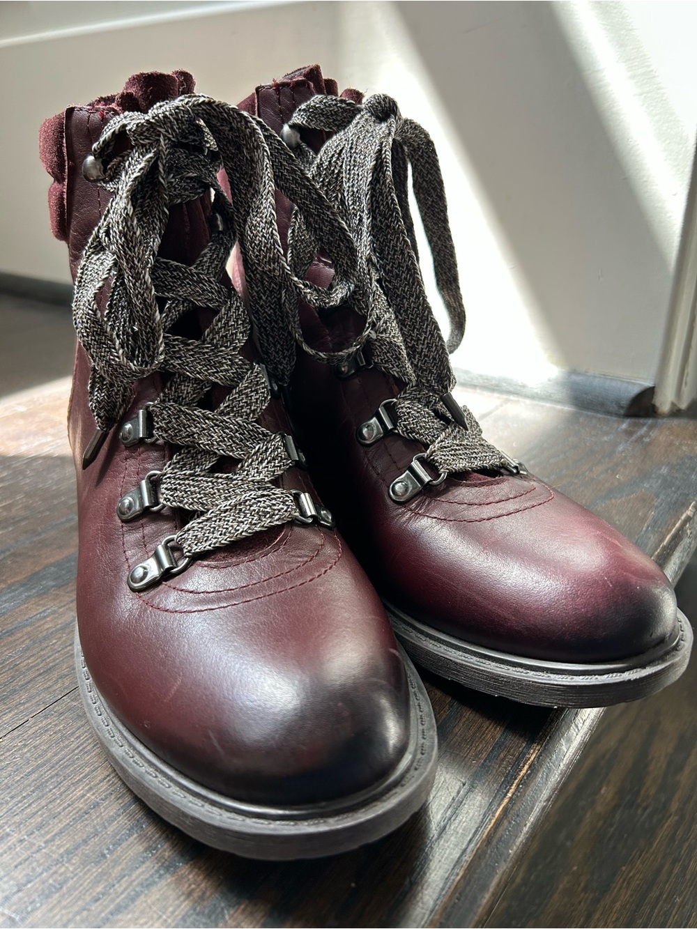 NEW Sam Edelman Women’s 8.5 Burgundy Leather Wool Combat Boots, Free Ship